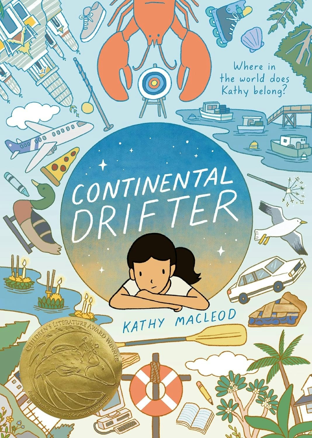 Illustrated cover of "Continental Drifter" by Kathy Macleod, featuring various travel-related items and a contemplative girl.