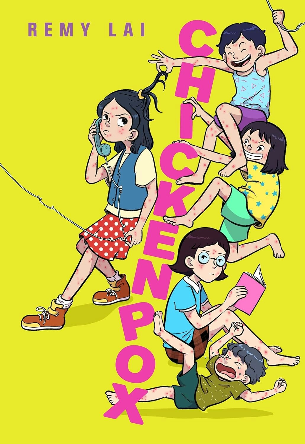 Children with chickenpox in playful poses on a yellow background.