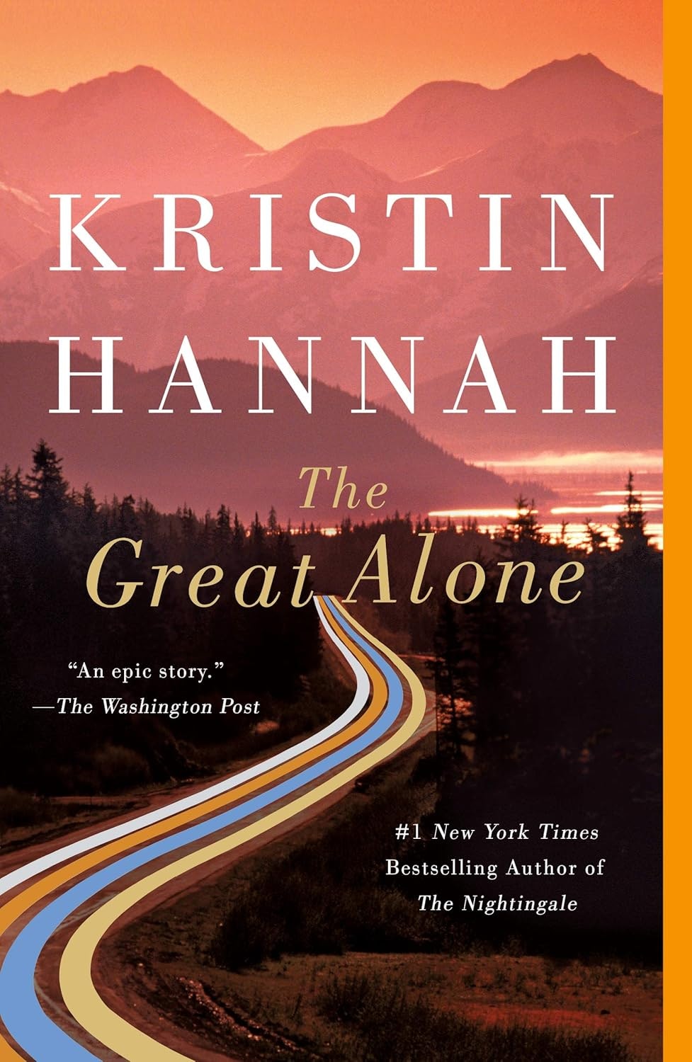 The image features the book "The Great Alone" by Kristin Hannah, with a scenic mountain background and a colorful road.