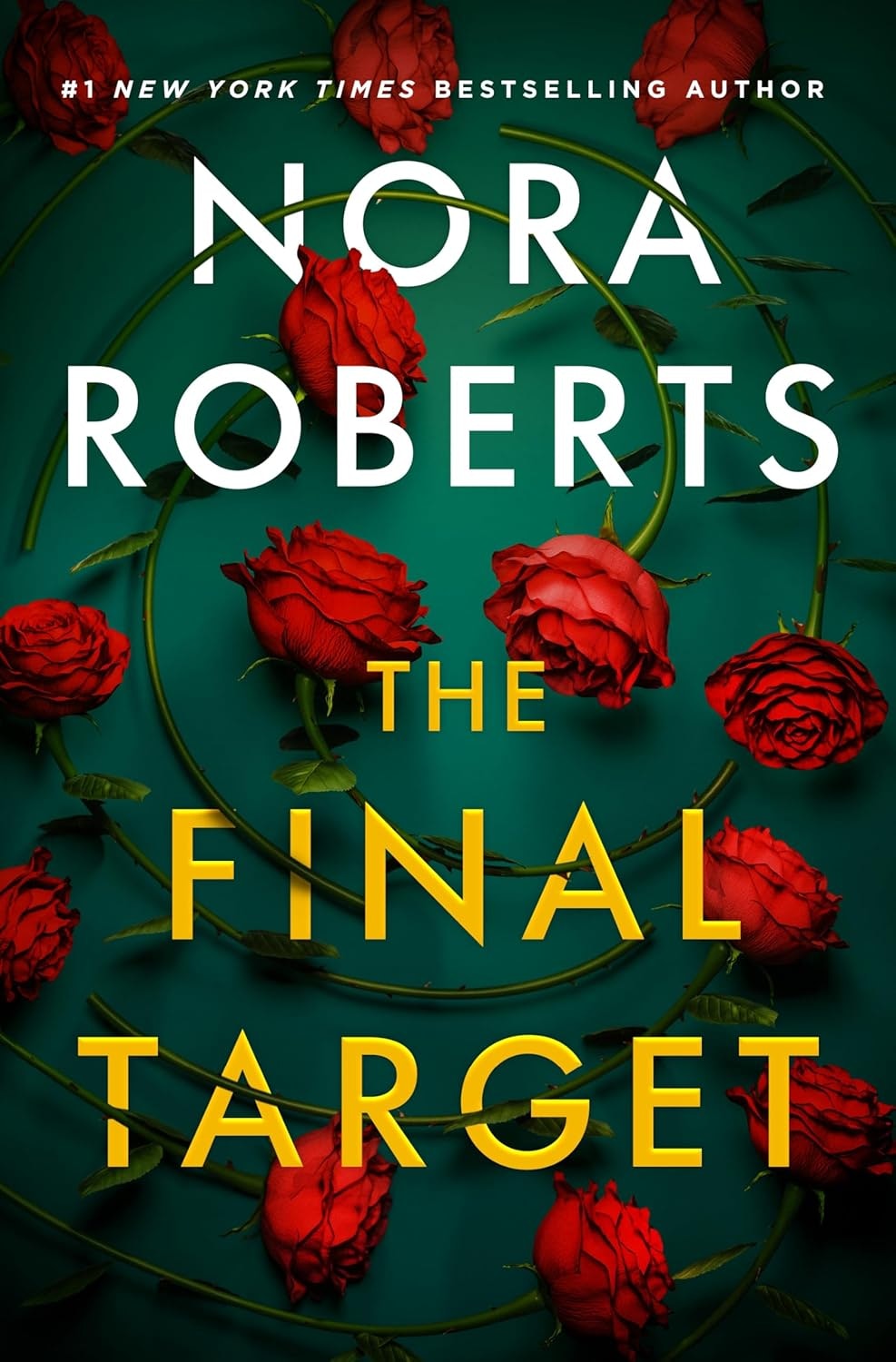 The image features the book cover of "The Final Target" by Nora Roberts, decorated with red roses on a green background.
