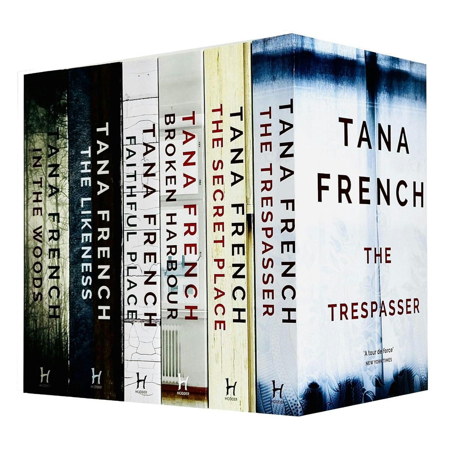 A box set of six Tana French novels with varied titles and cover designs.