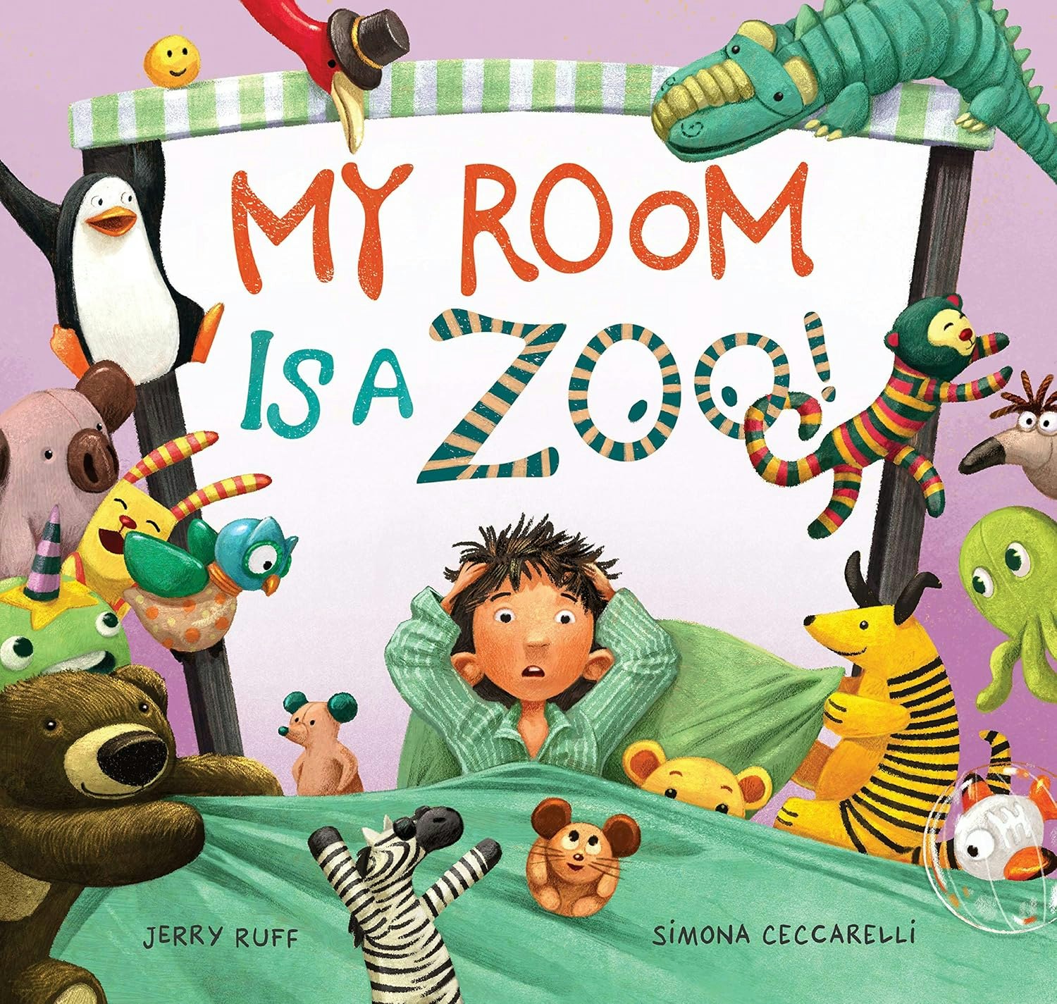 A vibrant book cover featuring a surprised boy among playful, colorful animal characters, titled "My Room Is a Zoo!"