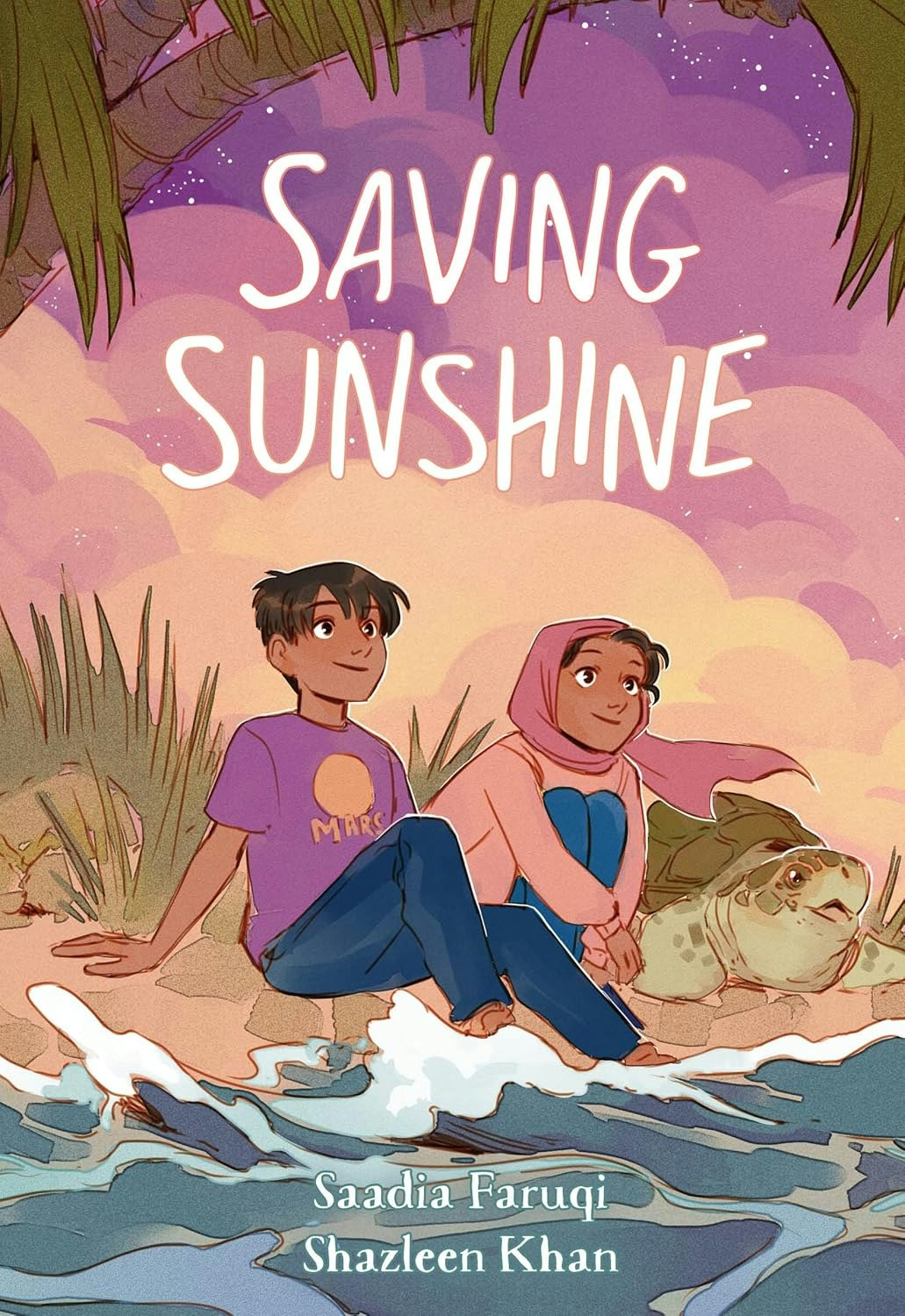 Two people and a turtle sitting by a beach under a tree, with "Saving Sunshine" text above.