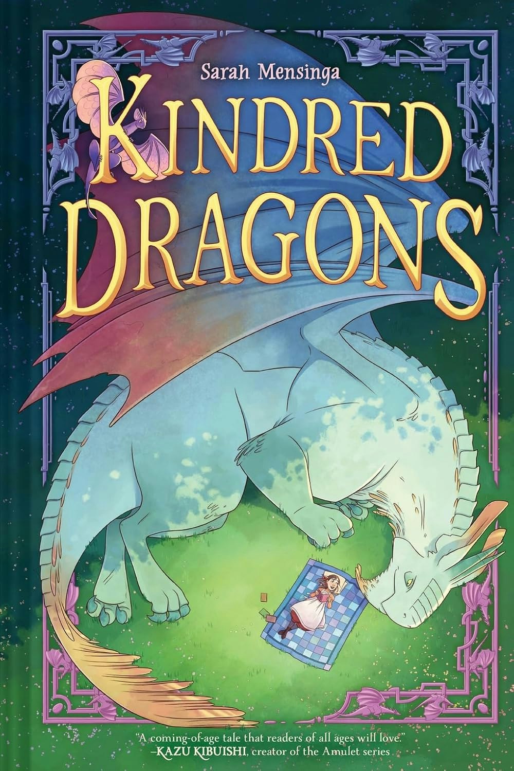 The image features the cover of "Kindred Dragons" by Sarah Mensinga, highlighting a girl and a friendly dragon in a whimsical setting.