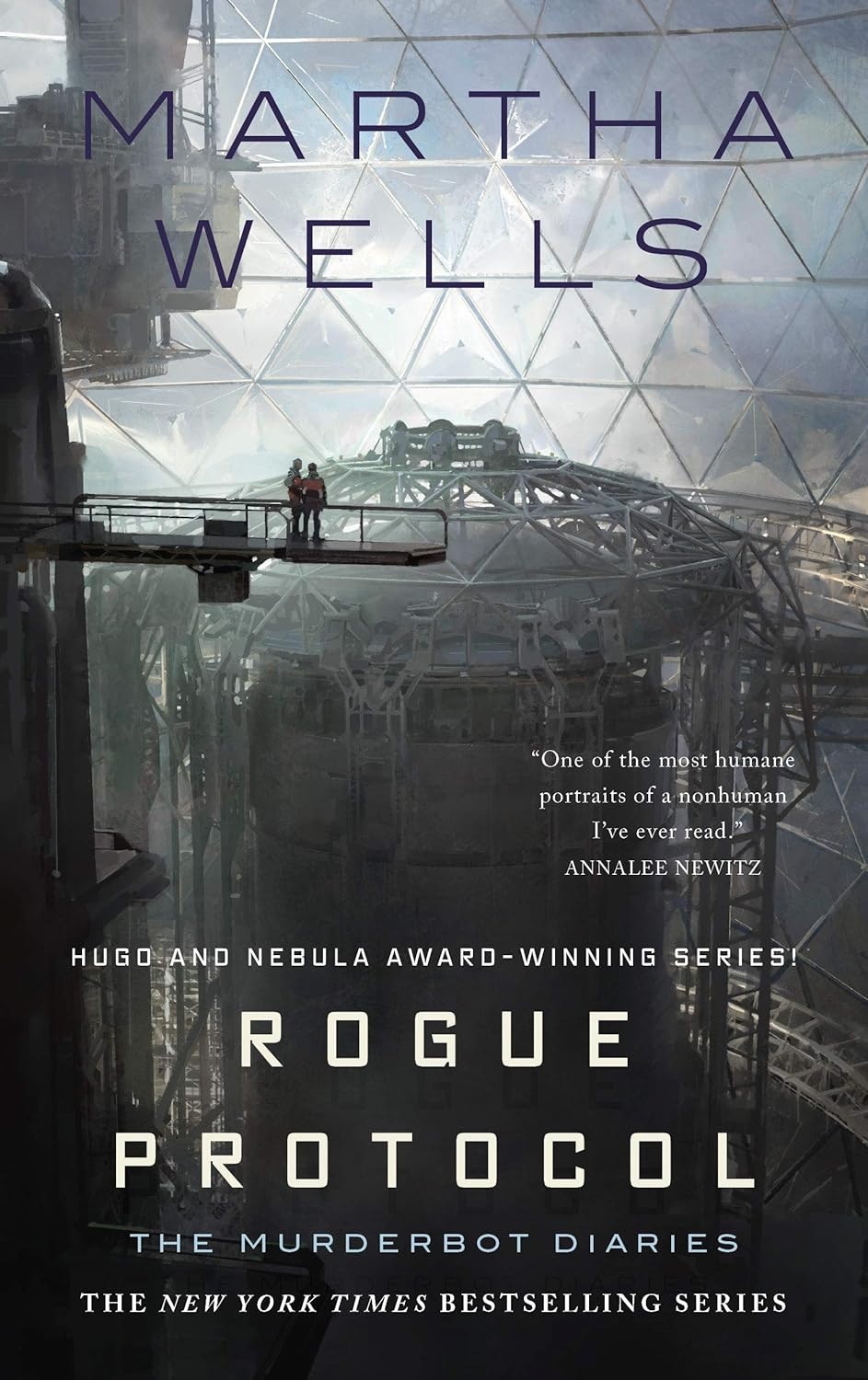 Book cover: "Rogue Protocol" by Martha Wells. Industrial sci-fi scene with two figures. Part of "The Murderbot Diaries" series.