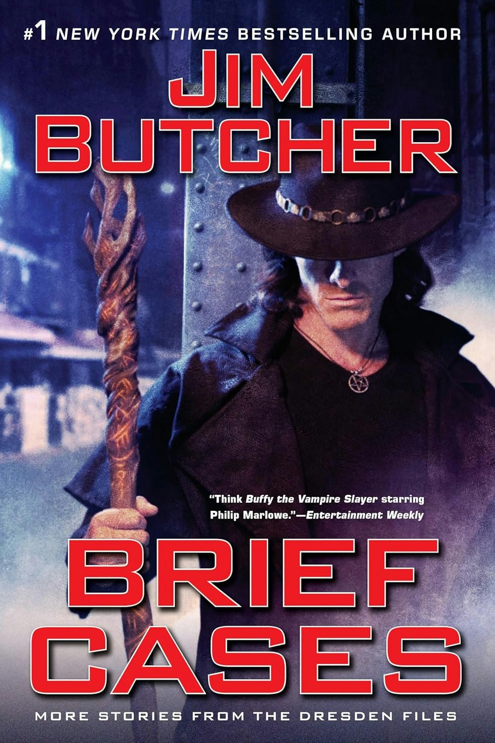 The image features the book "Brief Cases" by Jim Butcher, highlighting more stories from the Dresden Files series.