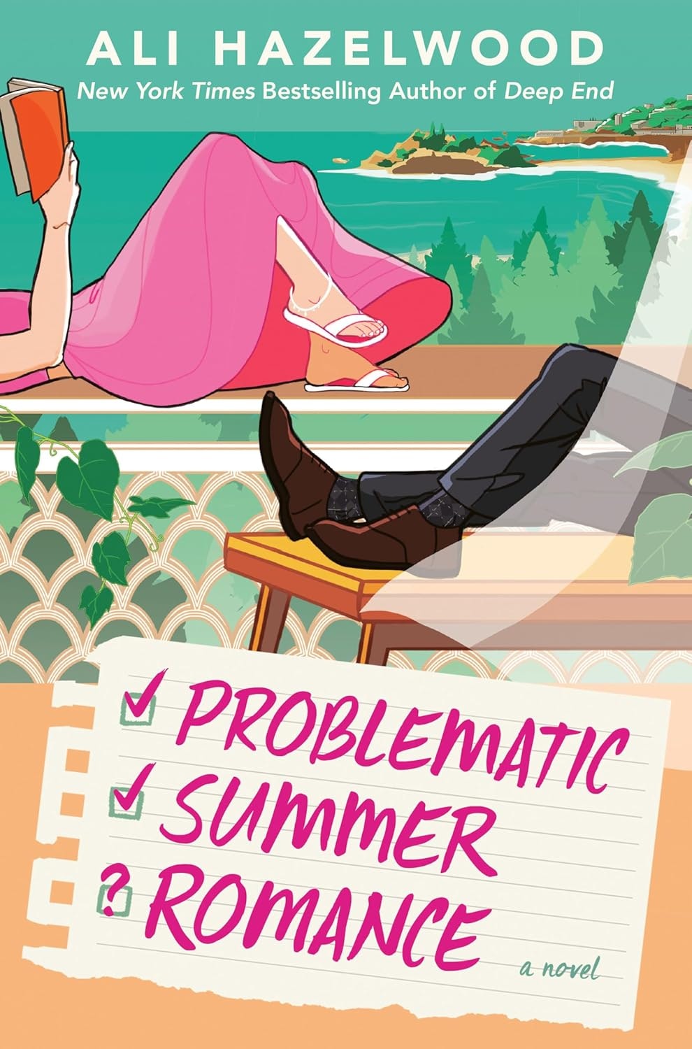 A book cover featuring people relaxing, with the title "Problematic Summer Romance" by Ali Hazelwood.