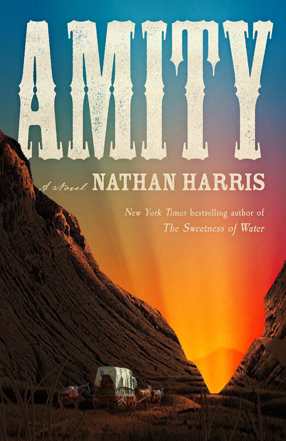 The image features the book cover of "Amity" by Nathan Harris, showcasing a sunset landscape with a wagon and cows.