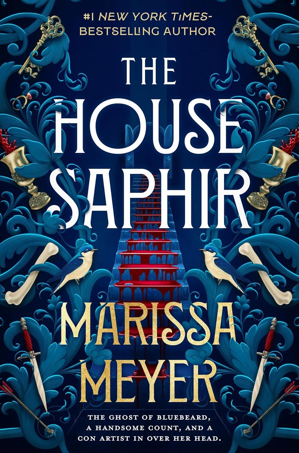 A book cover for "The House of Saphir" by Marissa Meyer, featuring a mystical design with a staircase and various objects.