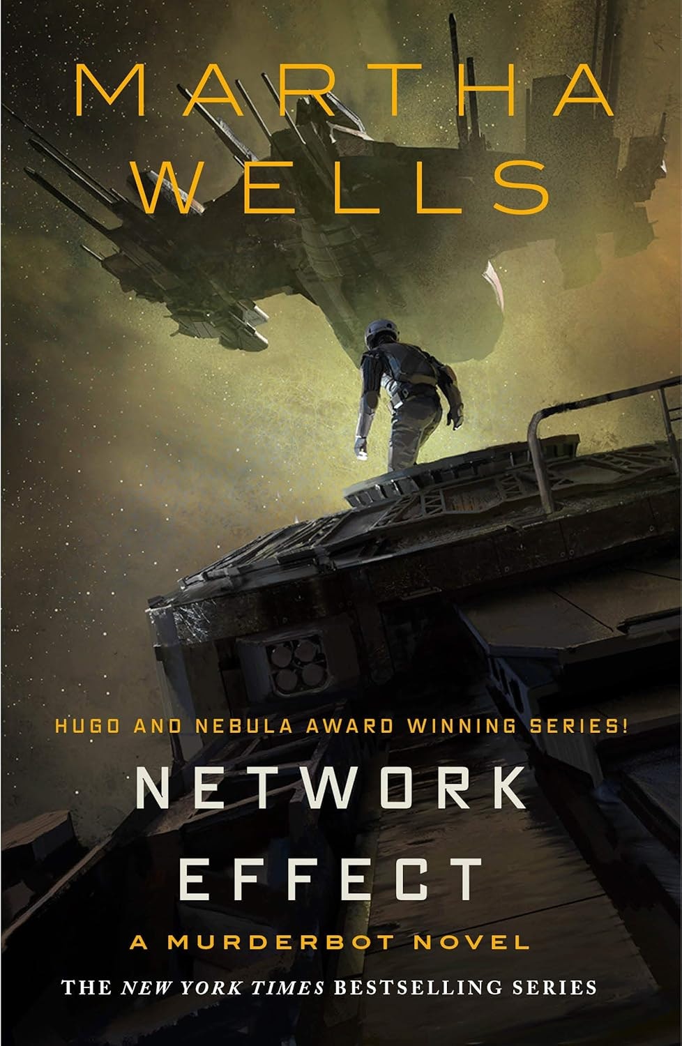 The image features the cover of "Network Effect," a novel by Martha Wells in the Murderbot series, highlighting its awards.