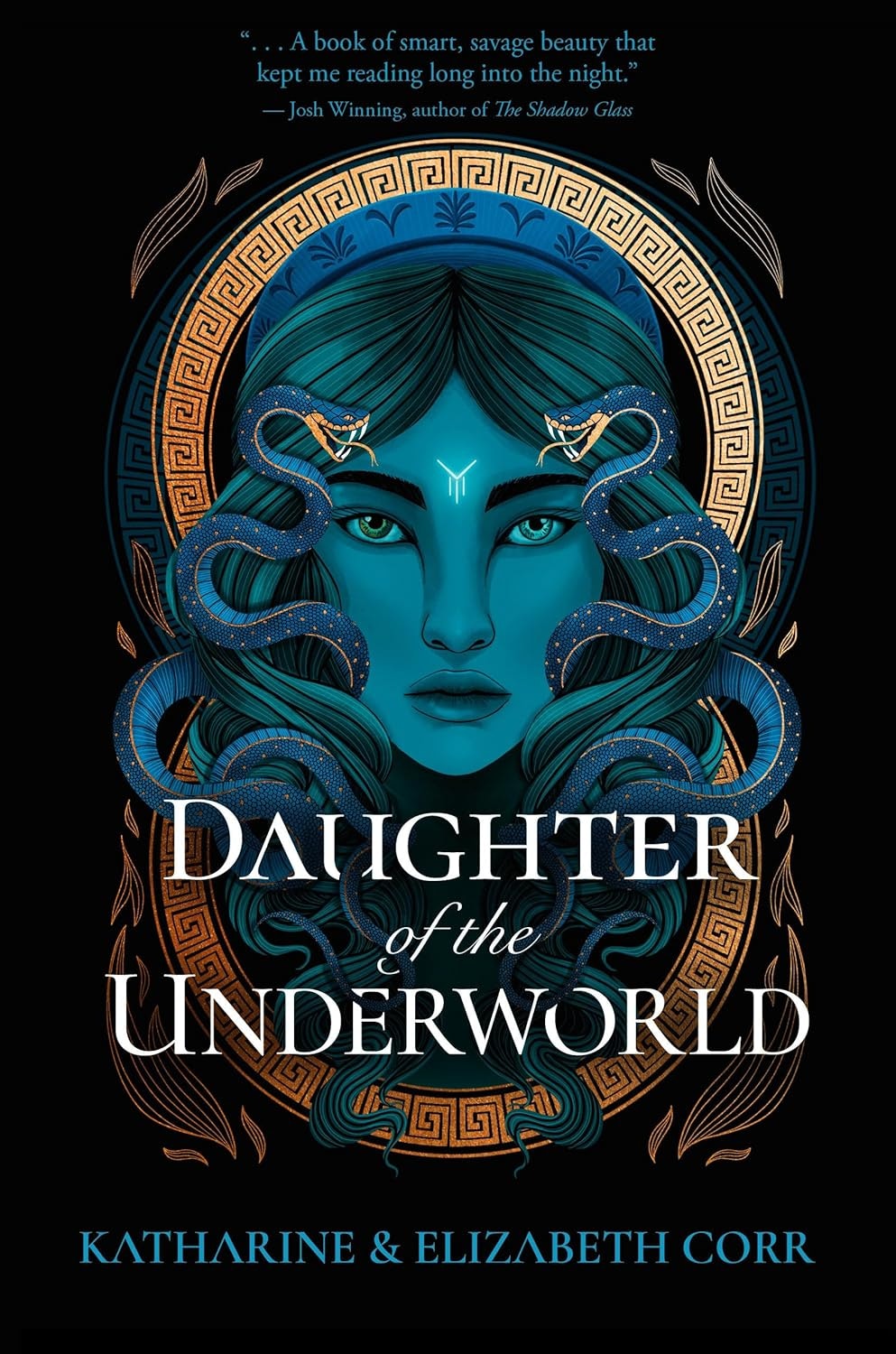 The image features the book cover for "Daughter of the Underworld" by Katharine & Elizabeth Corr, showcasing a stylized, mythological design.