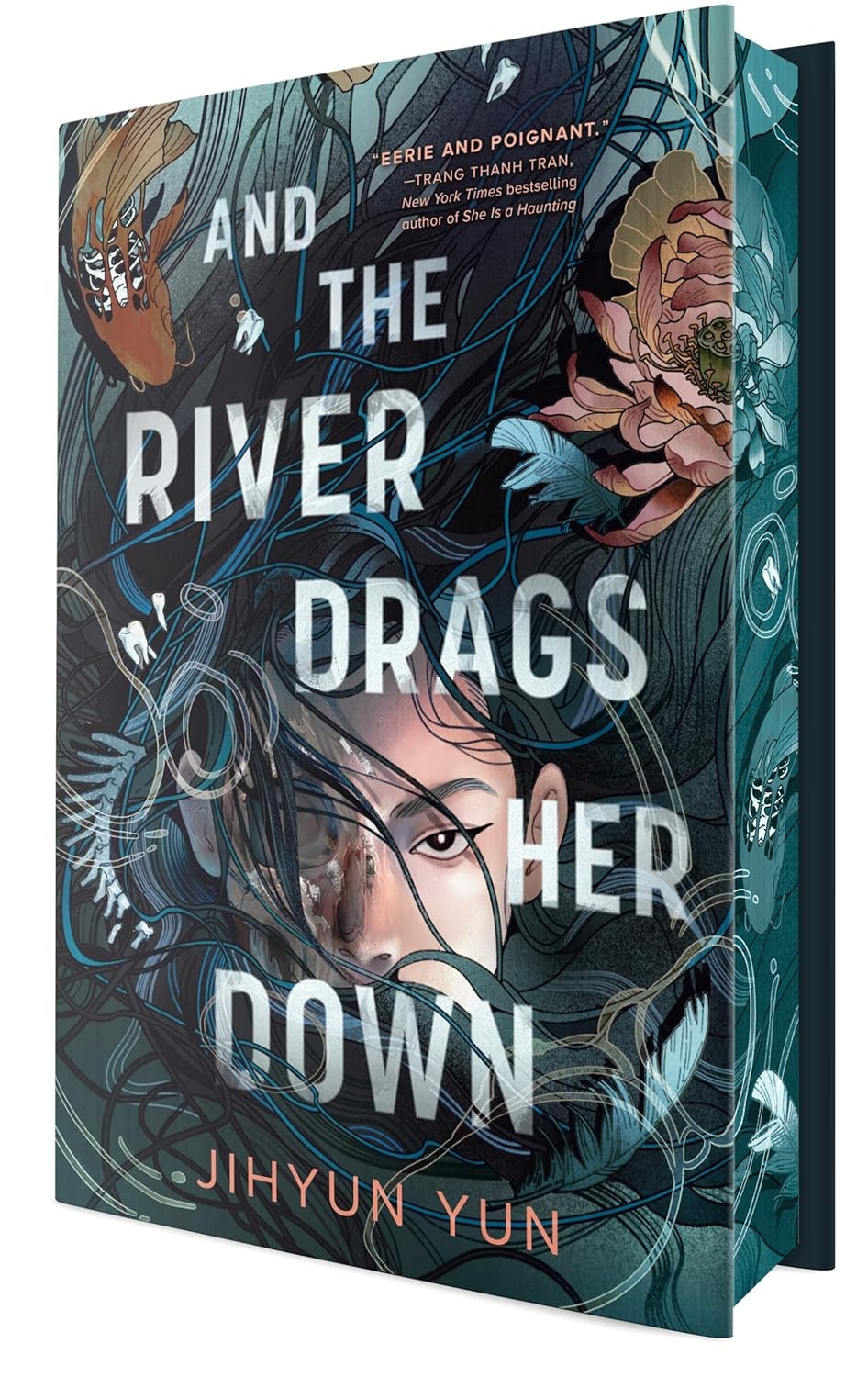 A book titled "And the River Drags Her Down" by Jihyun Yun, featuring a striking cover design with water and floral elements.