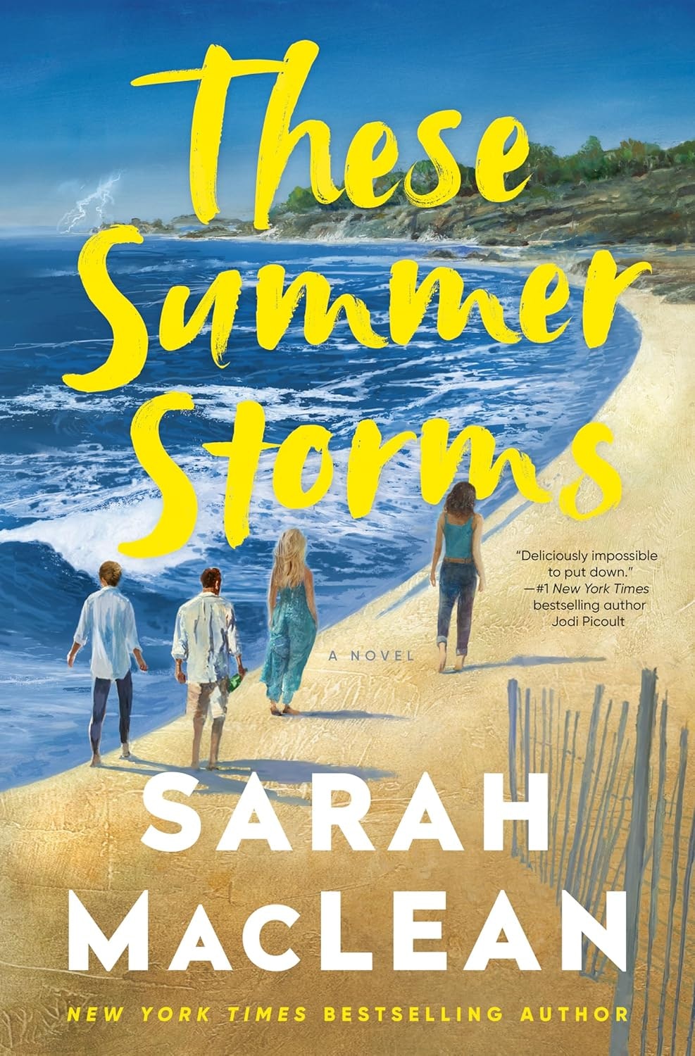 Book cover: "These Summer Storms" by Sarah MacLean, with people walking on a beach and a stormy sea in the background.