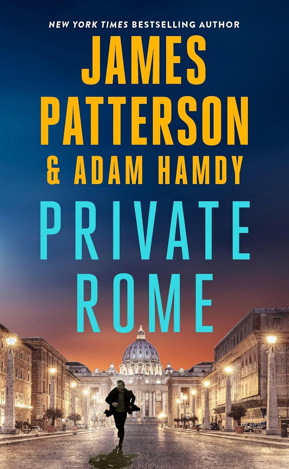 The image displays the book "Private Rome" by James Patterson and Adam Hamdy, featuring a runner against a Roman backdrop.