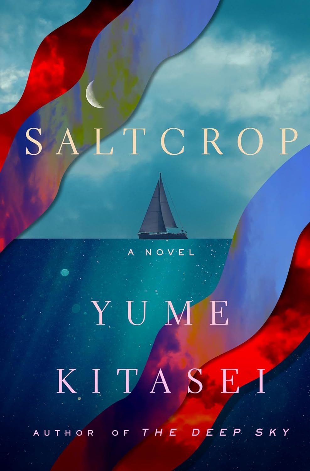 The image features the book cover of "Saltcrop" by Yume Kitasei, showcasing a sailboat and vibrant abstract colors.