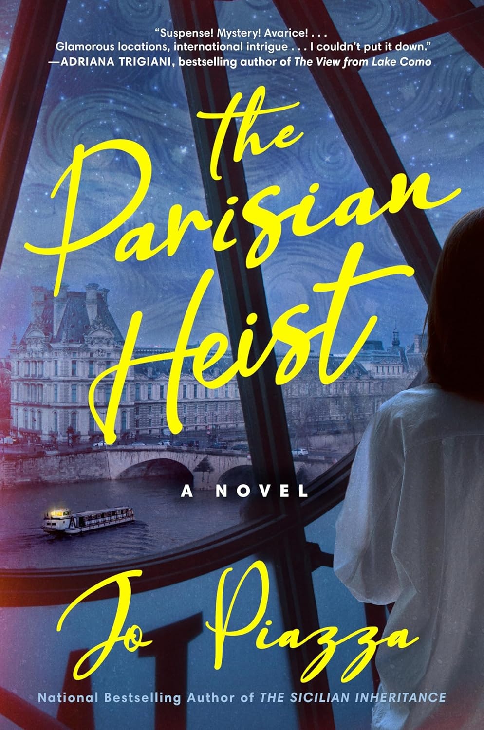 The image features the book cover of "The Parisian Heist" by Jo Piazza, showcasing a blend of intrigue and romance set in Paris.