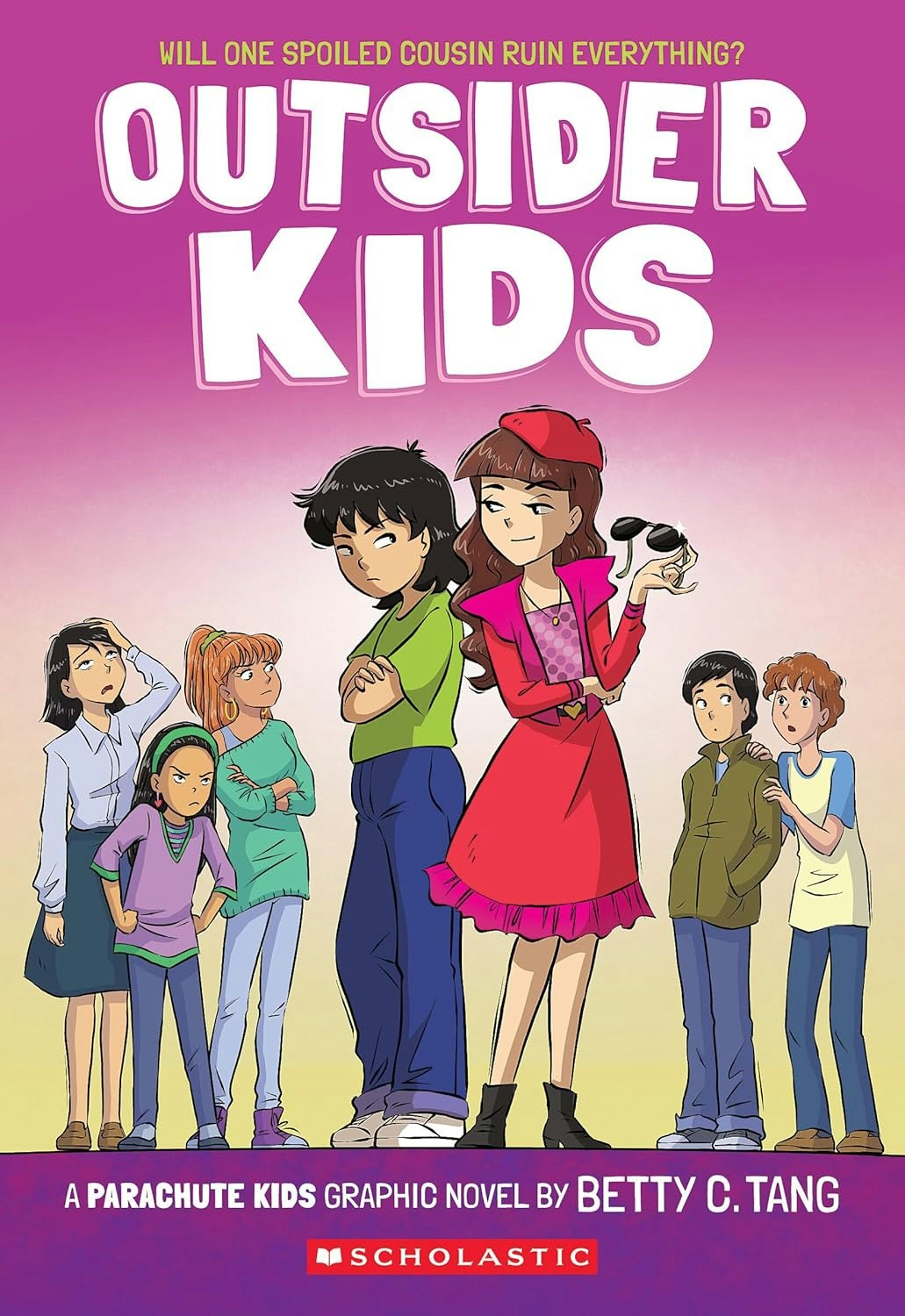 The cover of "Outsider Kids," a graphic novel by Betty C. Tang, featuring kids facing challenges from a spoiled cousin.