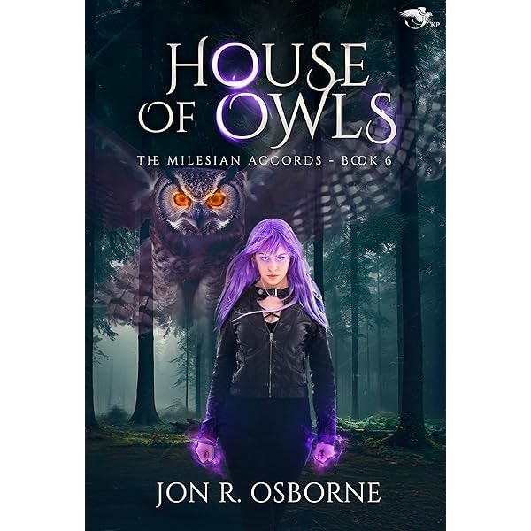 The image depicts the book cover for "House of Owls," part of "The Milesian Accords" series by Jon R. Osborne, featuring a mystical theme.