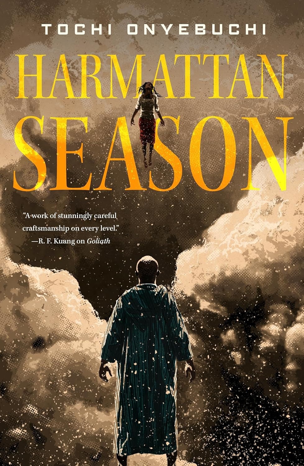 The image is the cover of "Harmattan Season" by Tochi Onyebuchi, featuring a figure in a robe amid swirling clouds.