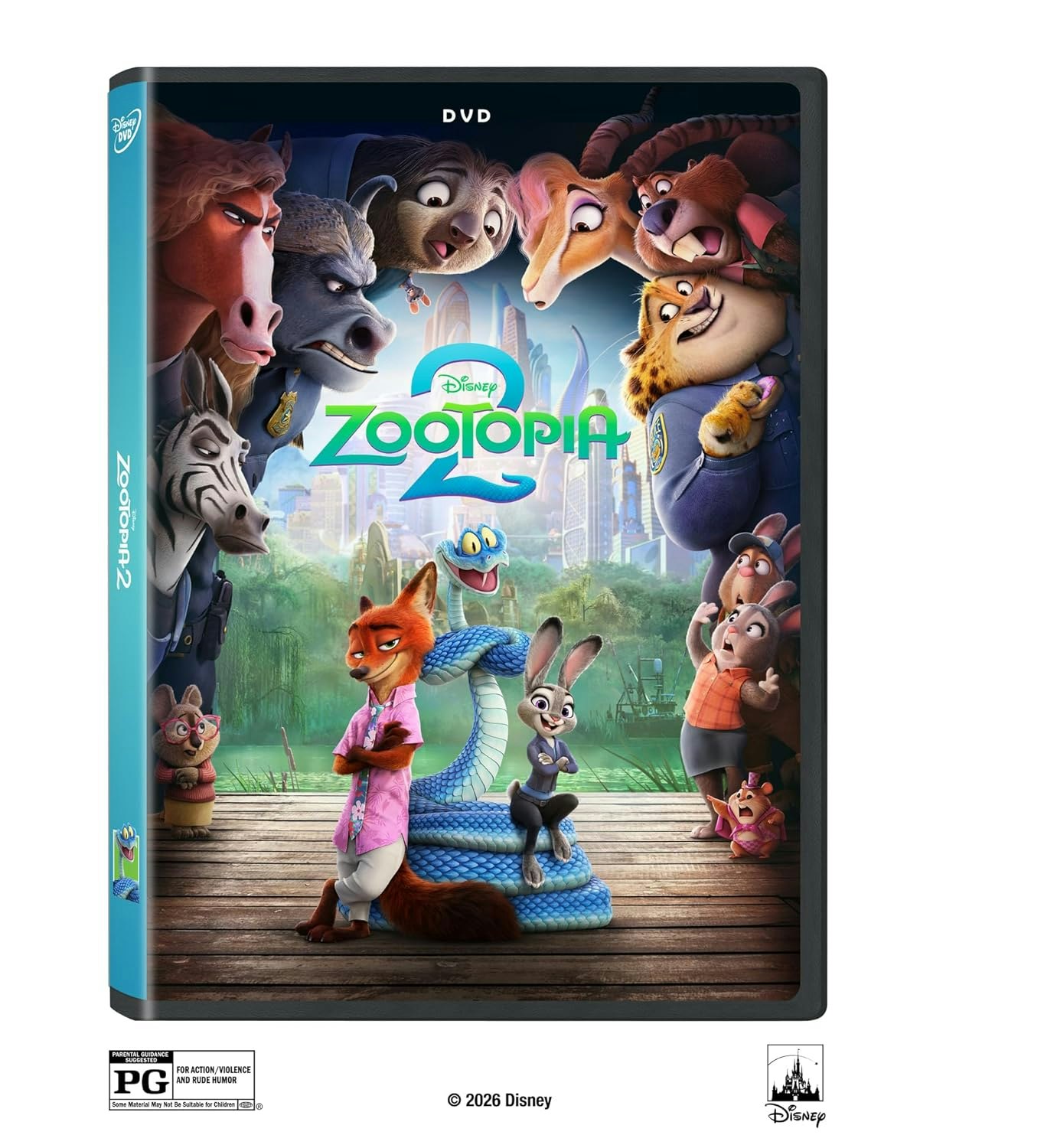 The image features the DVD cover of "Zootopia 2," showcasing various animal characters and the title prominently.