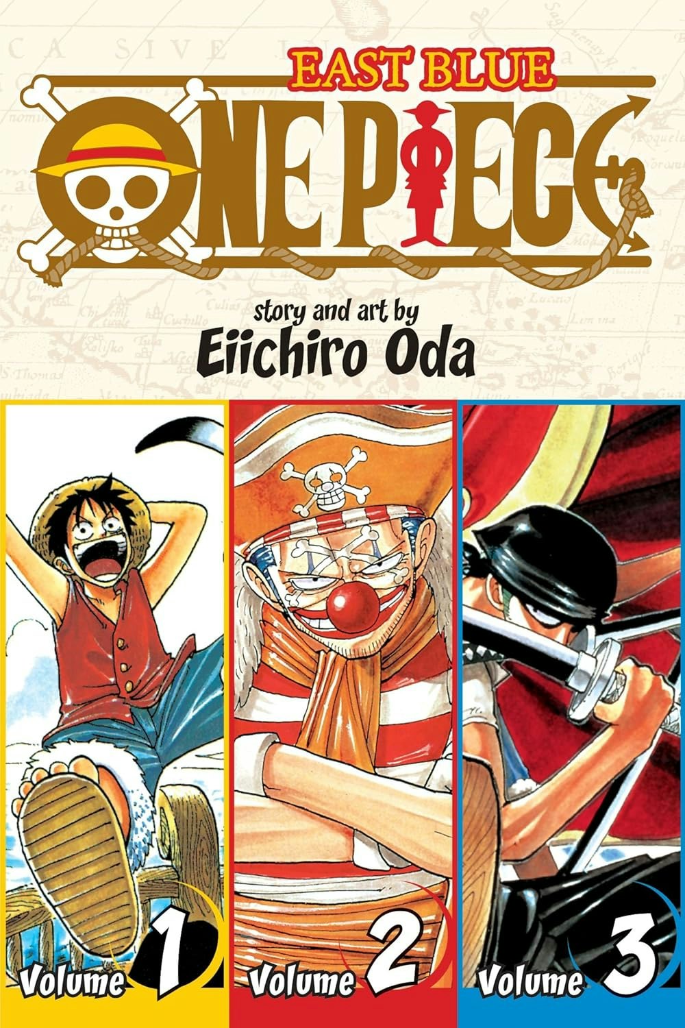 The image features the first three volumes of "One Piece," a manga series by Eiichiro Oda, set in the East Blue.