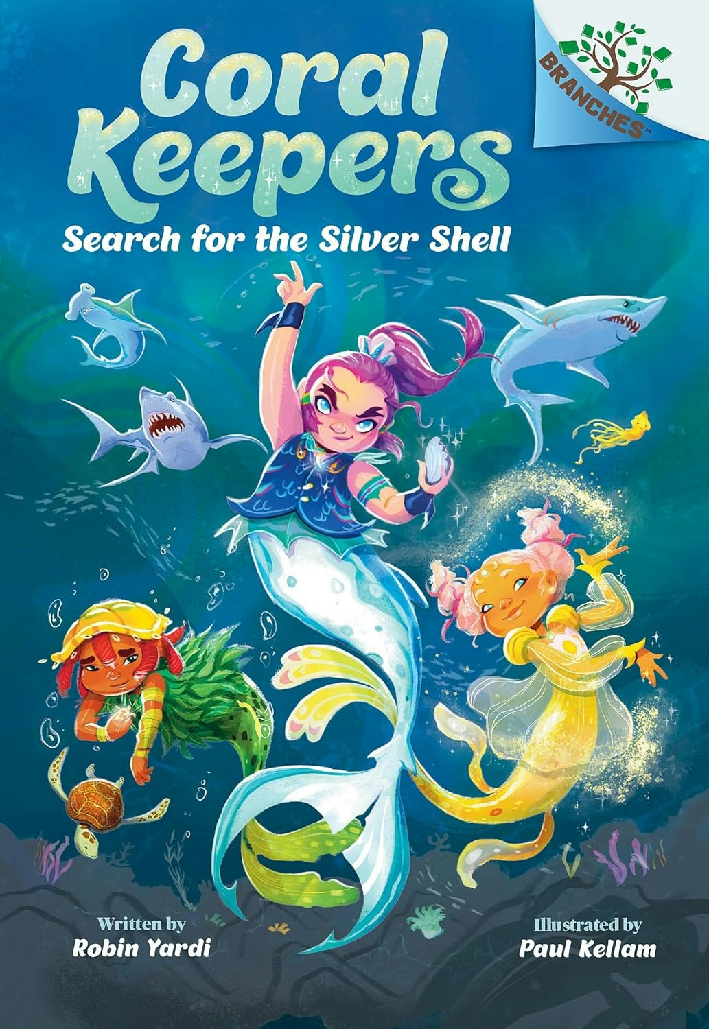 The image features the cover of "Coral Keepers: Search for the Silver Shell," showcasing colorful mermaids and sea creatures.