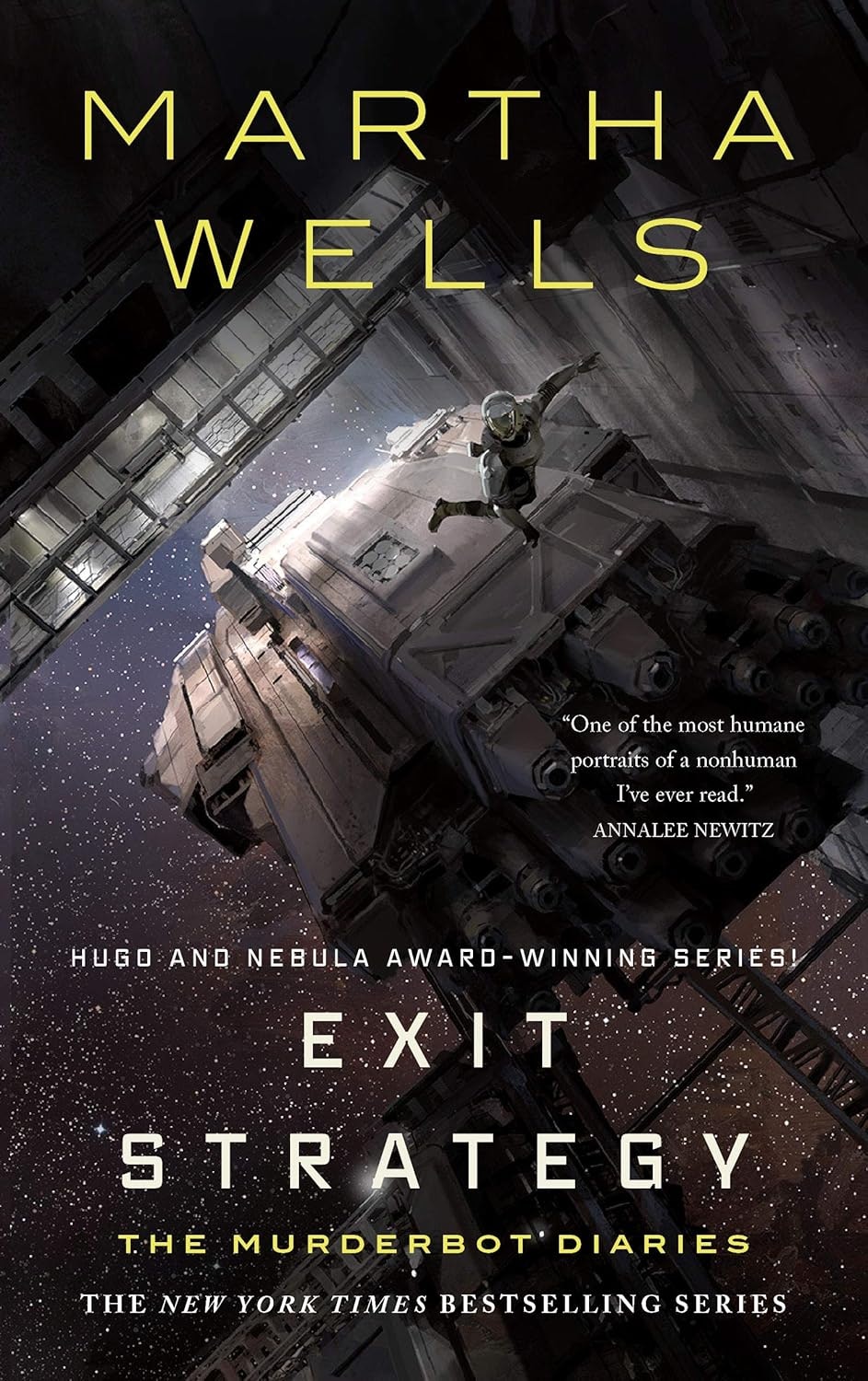 The image features the cover of "Exit Strategy," a sci-fi novel by Martha Wells, part of the Murderbot Diaries series.