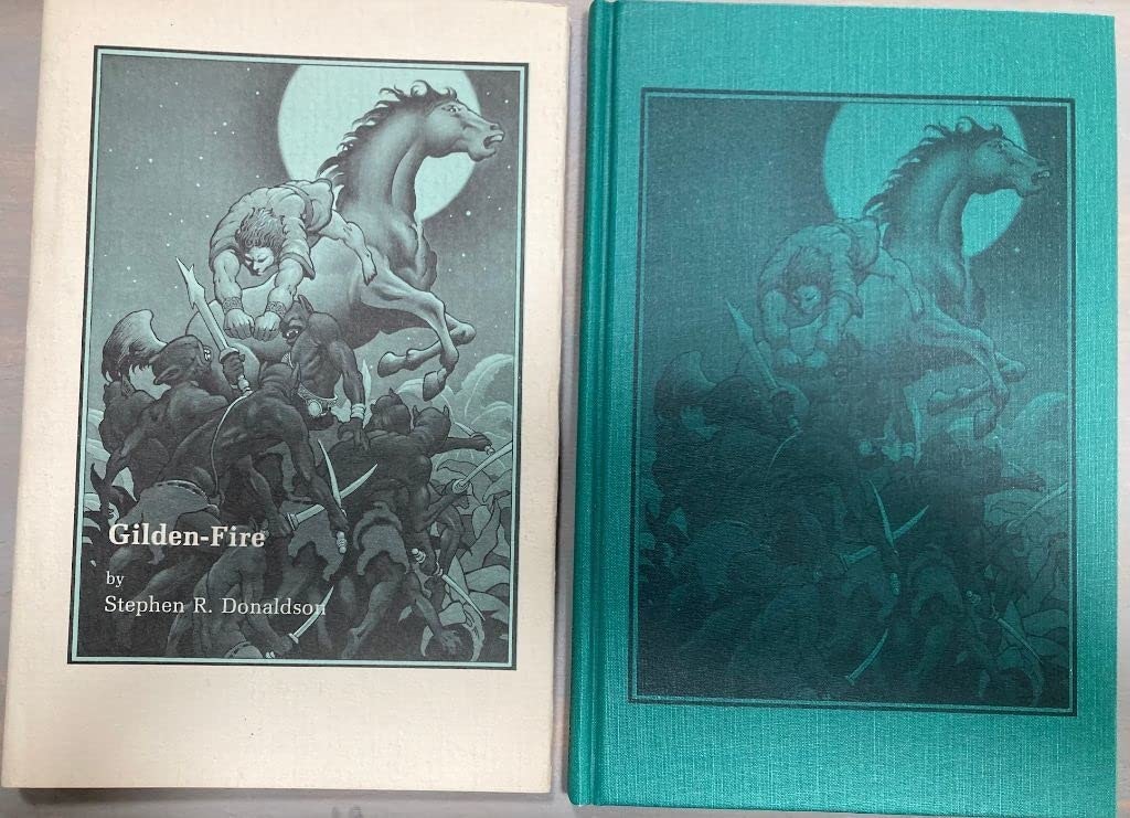 Two copies of the book "Gilden-Fire" by Stephen R. Donaldson, featuring a similar cover illustration of a figure and a horse.