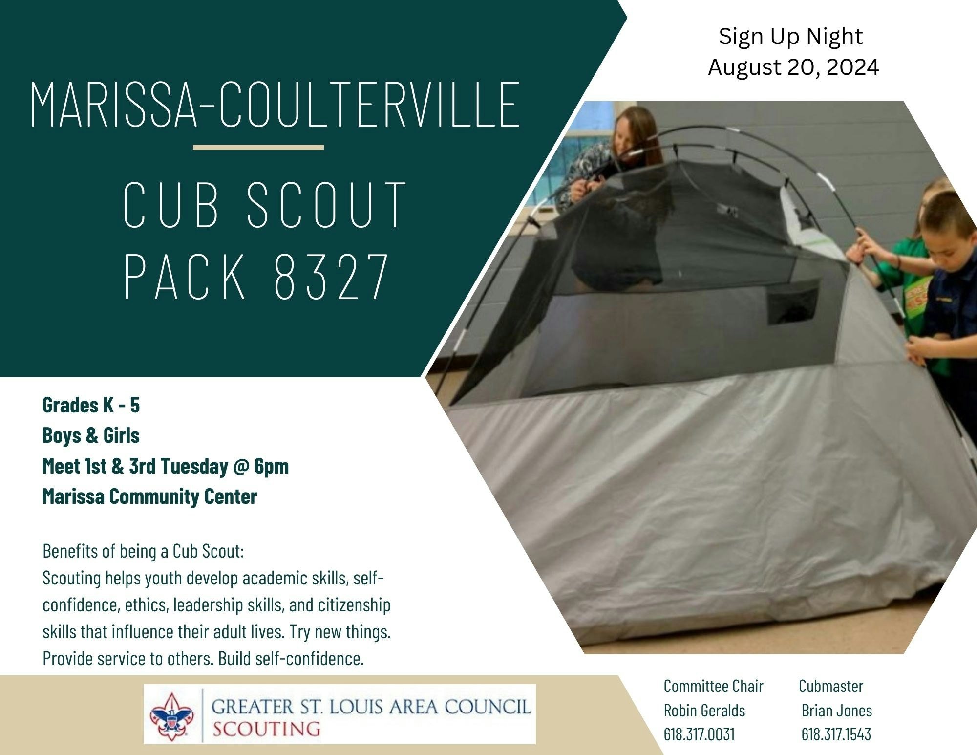 A flyer for Cub Scout Pack 8327 with details on meetings, benefits, and sign-up night date. Two kids are setting up a tent.