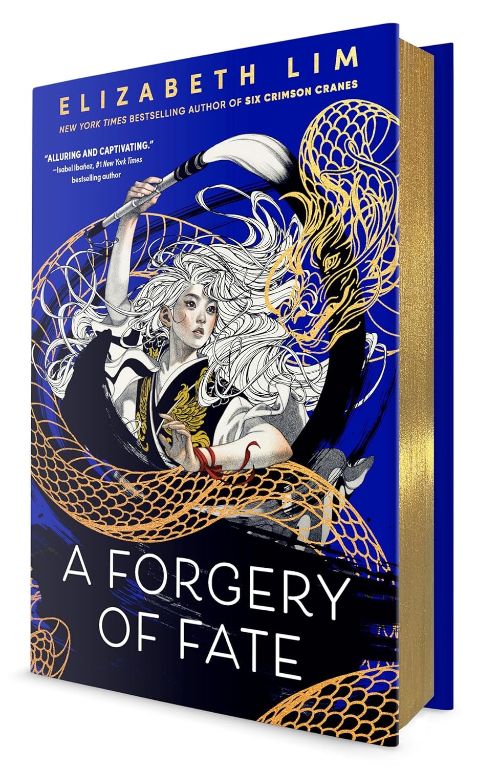 Book cover: "A Forgery of Fate" by Elizabeth Lim. Features a character with flowing hair, intricate designs, and striking colors.