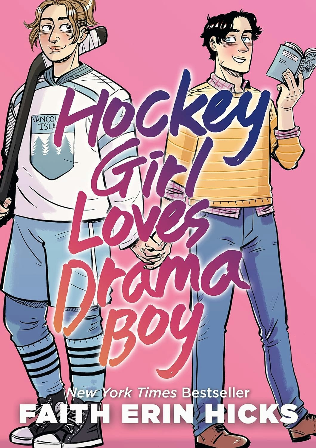 Cover of "Hockey Girl Loves Drama Boy" by Faith Erin Hicks, featuring two characters holding hands.
