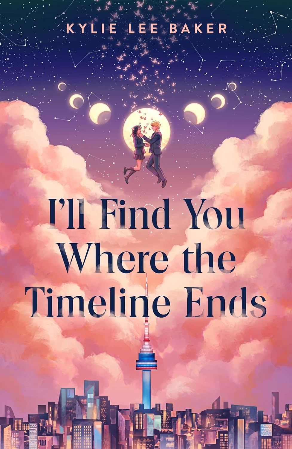 The image features the book cover of "I'll Find You Where the Timeline Ends" by Kylie Lee Baker, showcasing a romantic scene against a starry backdrop.