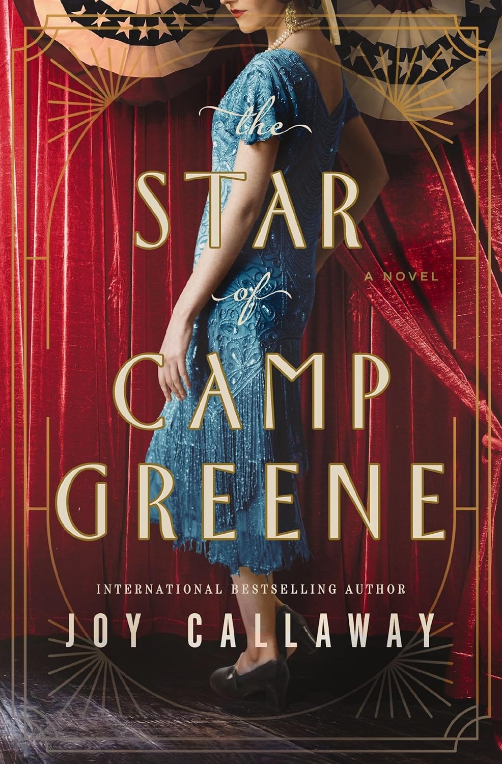 Book cover: "The Star of Camp Greene" by Joy Callaway. Woman in blue dress, red curtains background.