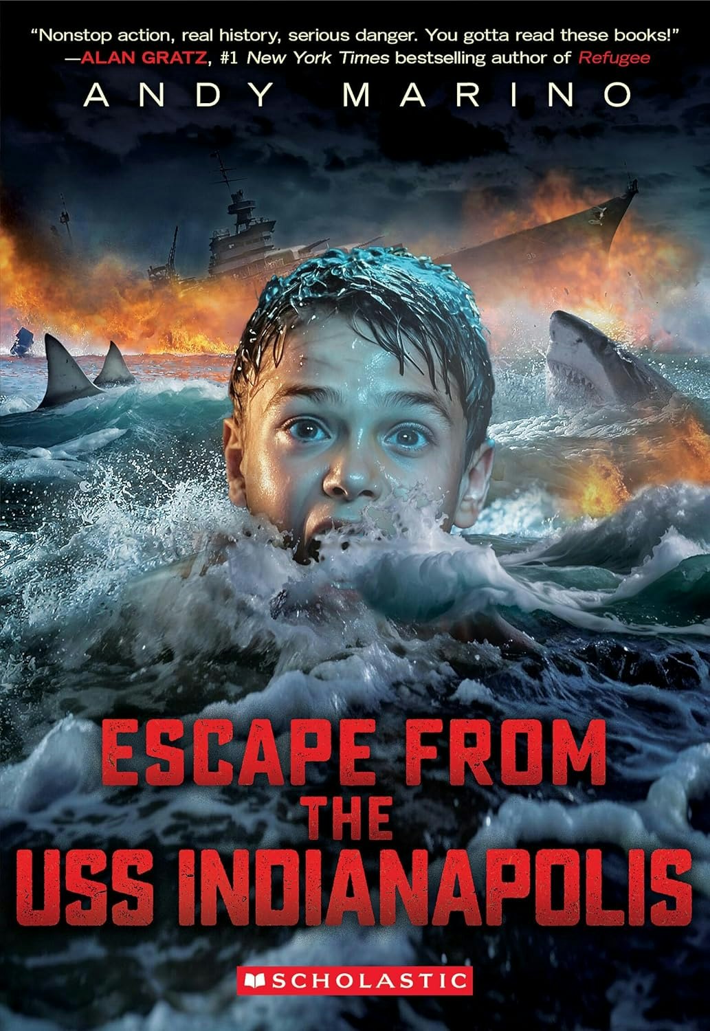 The image features a book cover titled "Escape from the USS Indianapolis," depicting a boy in water surrounded by sharks.