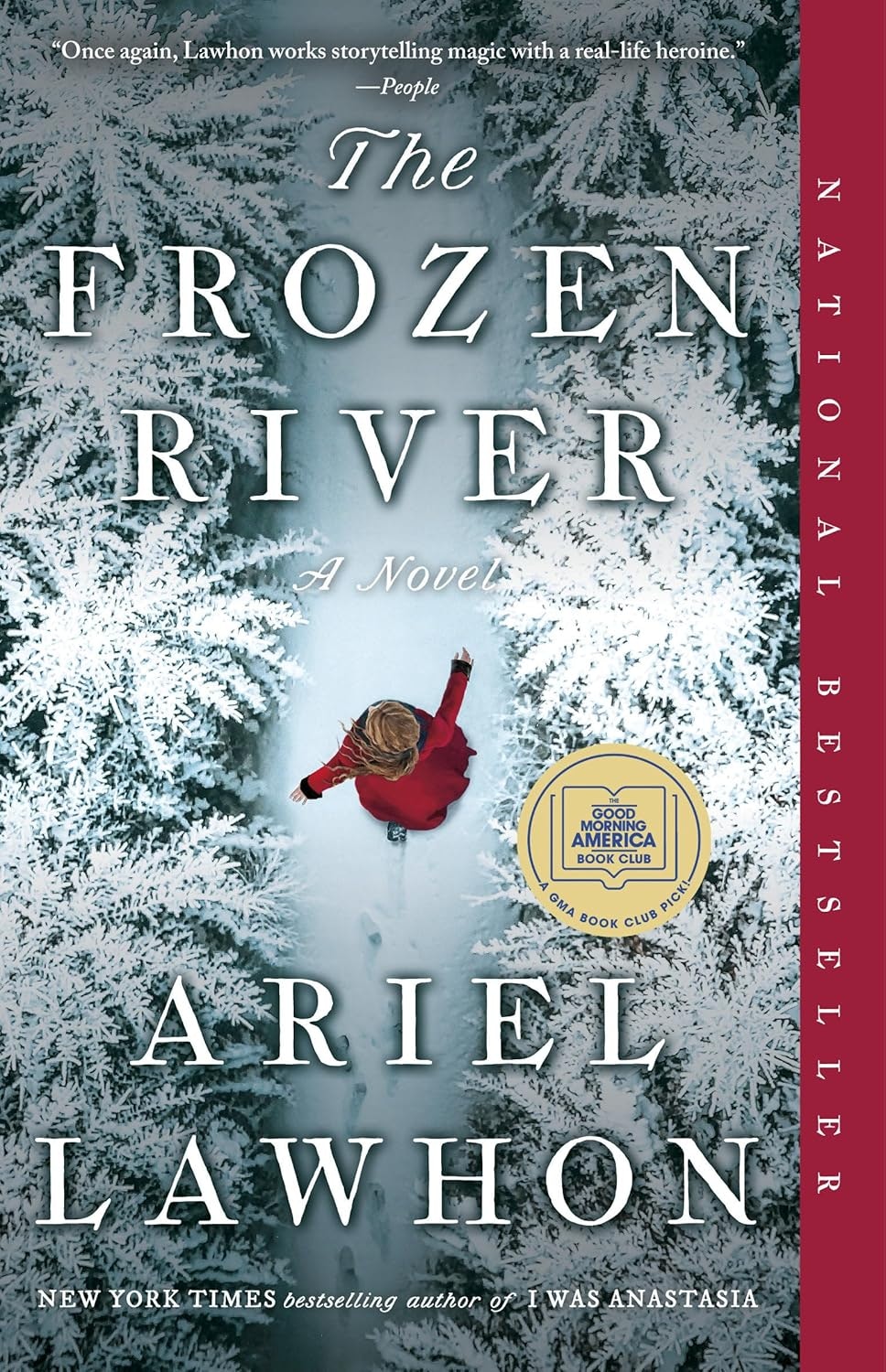 The image features the cover of "The Frozen River" by Ariel Lawhon, highlighting its national bestseller status.