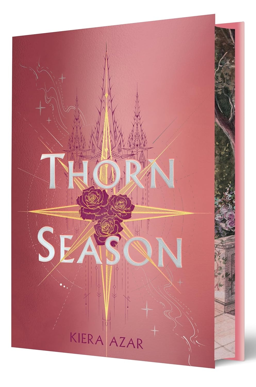 The image features a book titled "Thorn Season" by Kiera Azar, with an ornate pink cover and decorative design elements.