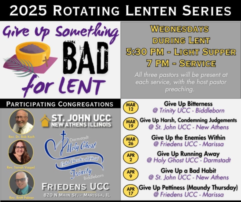 Flyer for 2025 Rotating Lenten Series, "Give Up Something Bad for Lent." Services on Wednesdays with themes like bitterness and harsh judgments.
