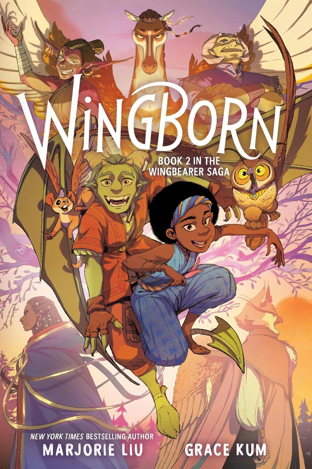 Colorful fantasy book cover featuring characters with wings and animals, titled "Wingborn," Book 2 in the Wingbearer Saga.