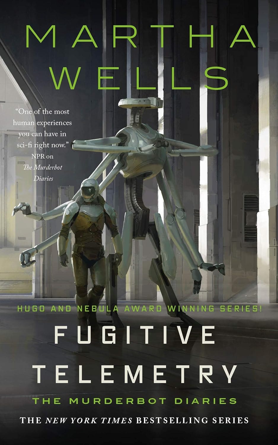 The image is a book cover for "Fugitive Telemetry" by Martha Wells, part of The Murderbot Diaries series, featuring a robot and a human figure.