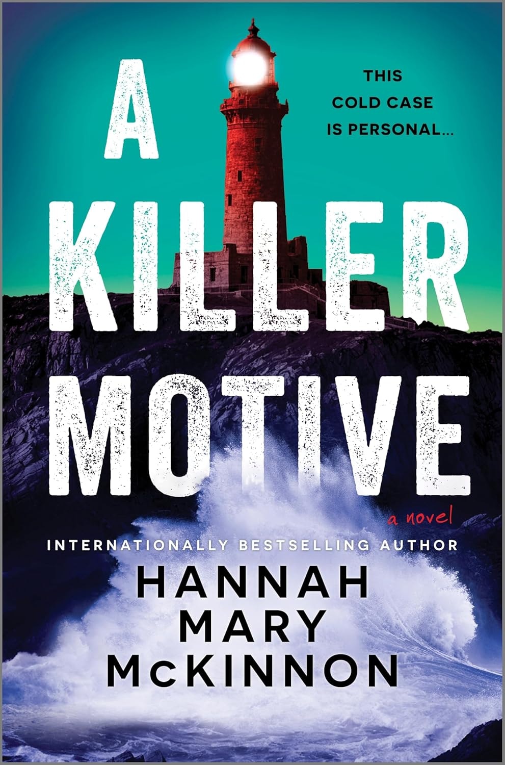 The image features the book cover of "A Killer Motive" by Hannah Mary McKinnon, a suspense novel about a personal cold case.