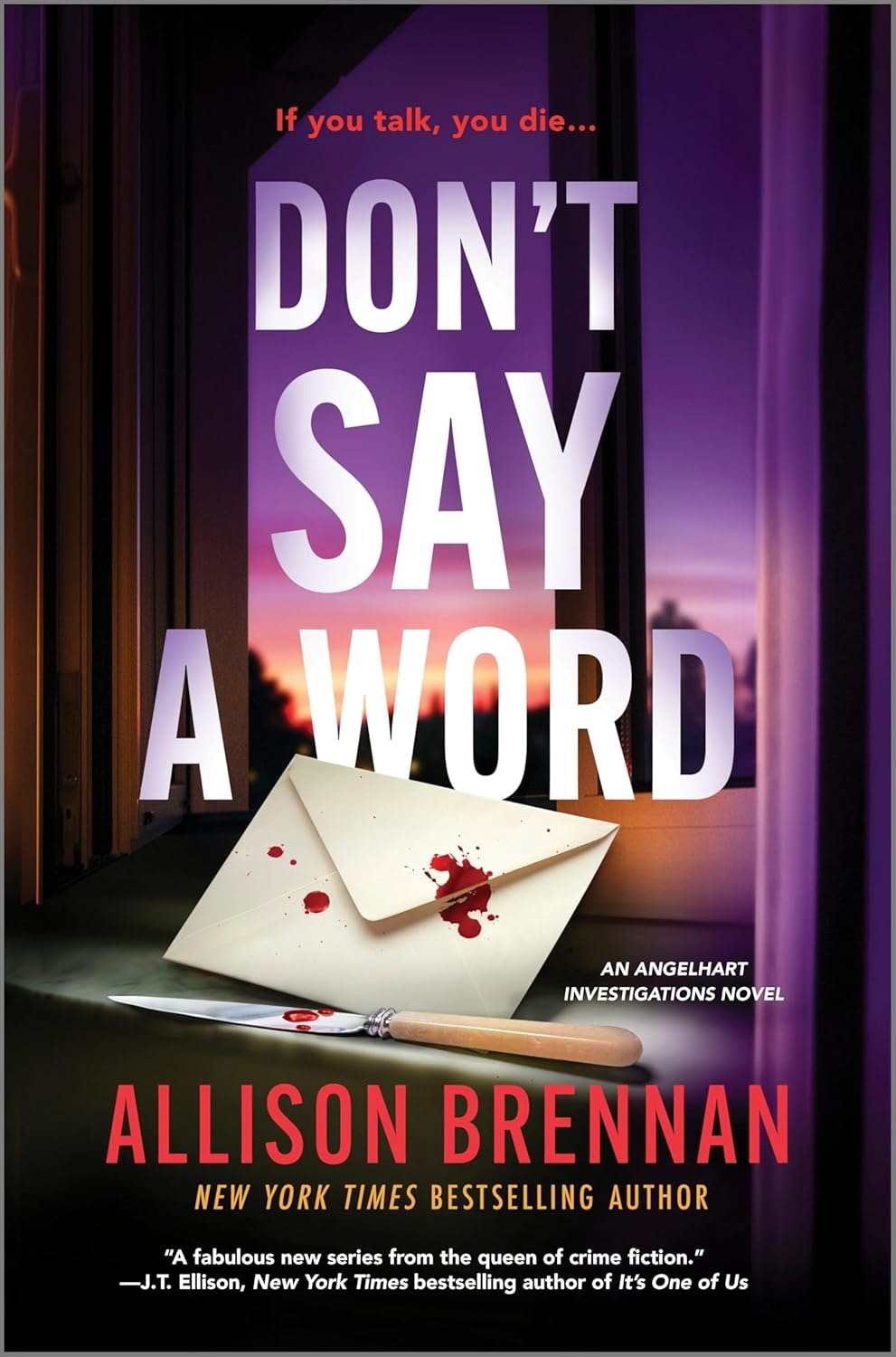 The image features a crime fiction book titled "Don't Say a Word" by Allison Brennan, highlighting suspense with blood on an envelope.