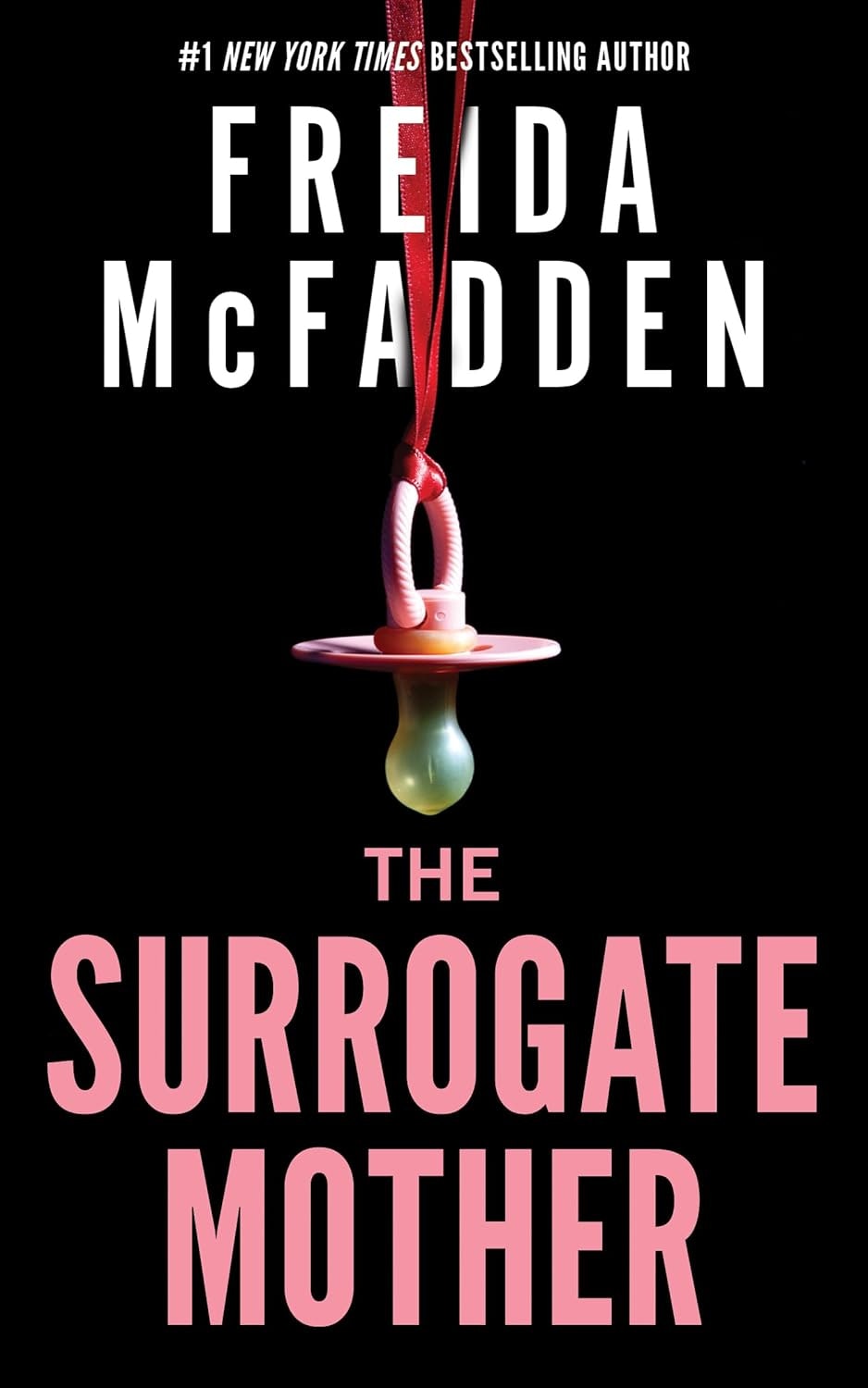 The image features the book cover for "The Surrogate Mother" by Frieda McFadden, showcasing a pacifier against a black background.