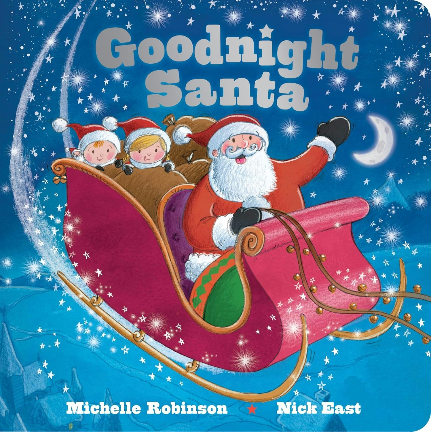 The image features the cover of "Goodnight Santa," a children's book with Santa in a sleigh, accompanied by two children.