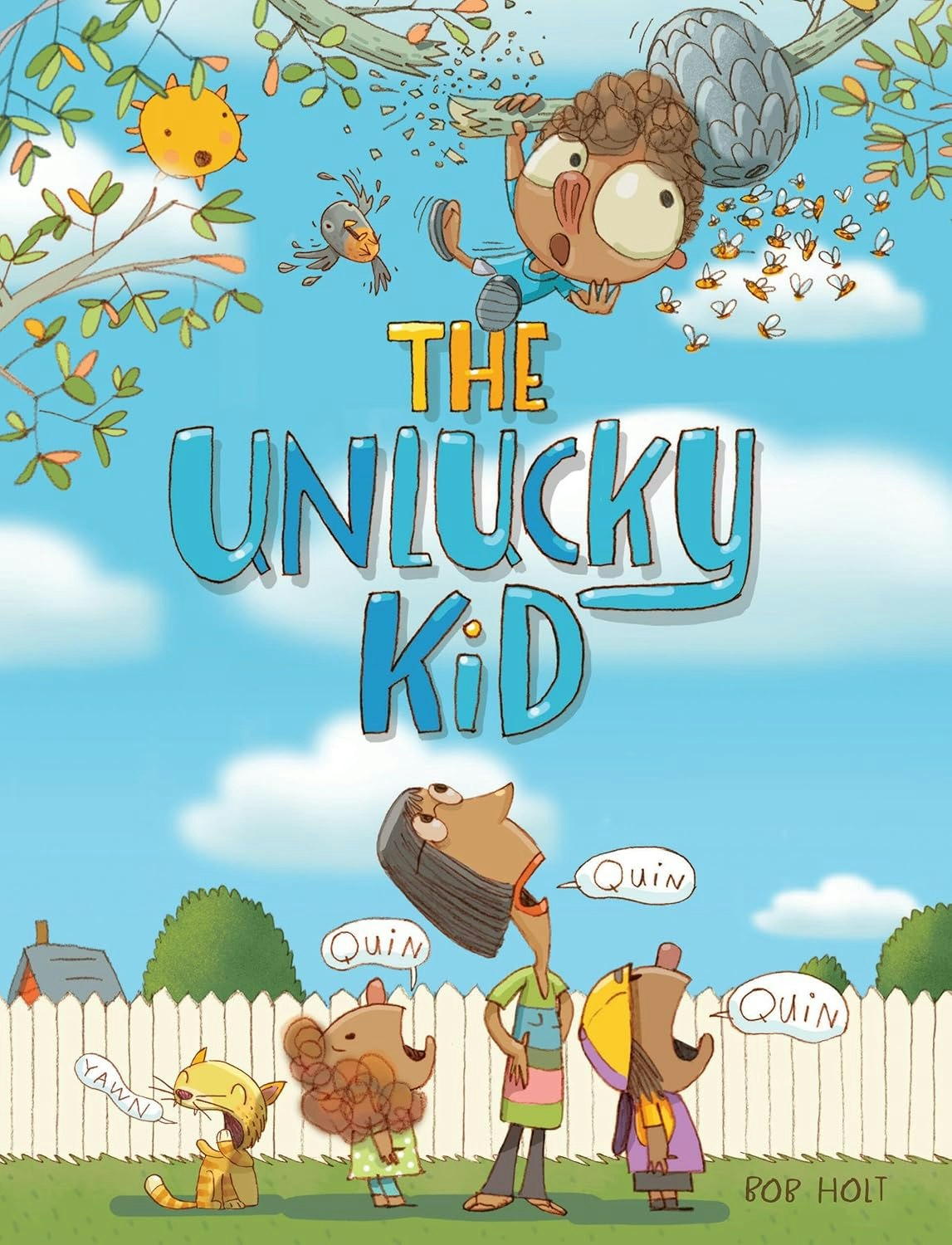 A kid falling from a tree, a surprised bird and nest, and three people below saying "Quin" at the title "The Unlucky Kid."
