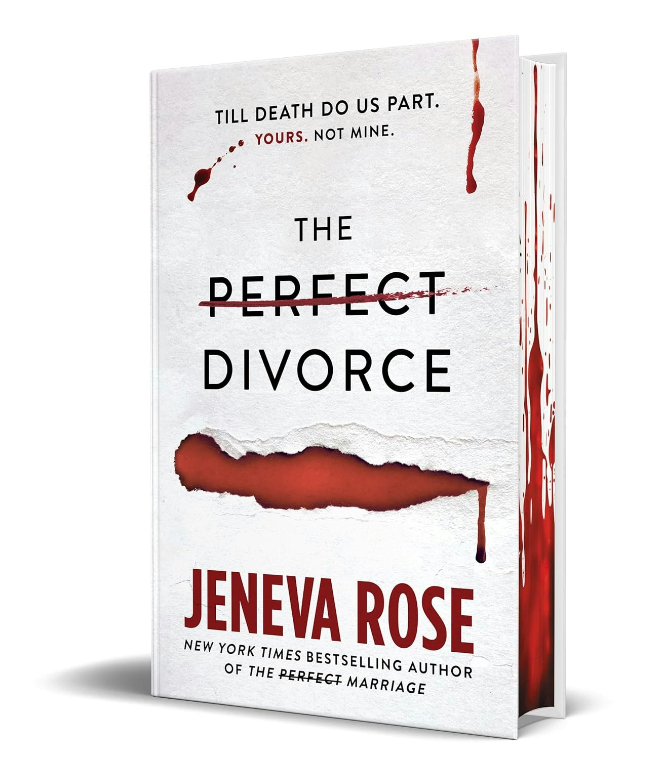 Book cover: "The Perfect Divorce" by Jeneva Rose, features blood and torn paper design.