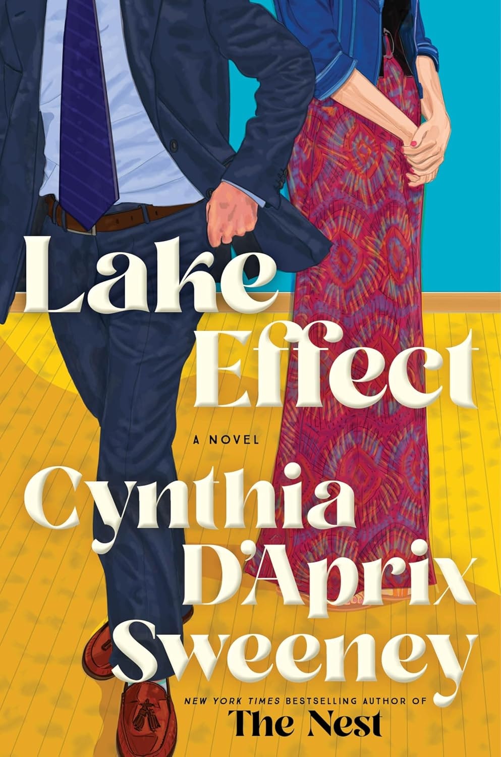 The image features the book cover of "Lake Effect" by Cynthia D'Aprix Sweeney, showcasing characters in a vibrant design.