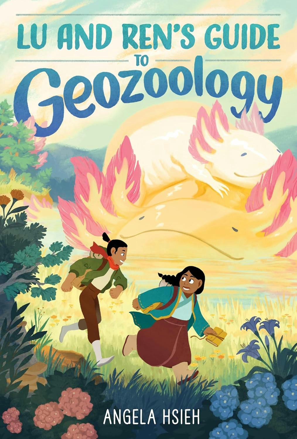 The image is a colorful book cover titled "Lu and Ren's Guide to Geozoology," featuring two characters running with a fantastical creature in the background.