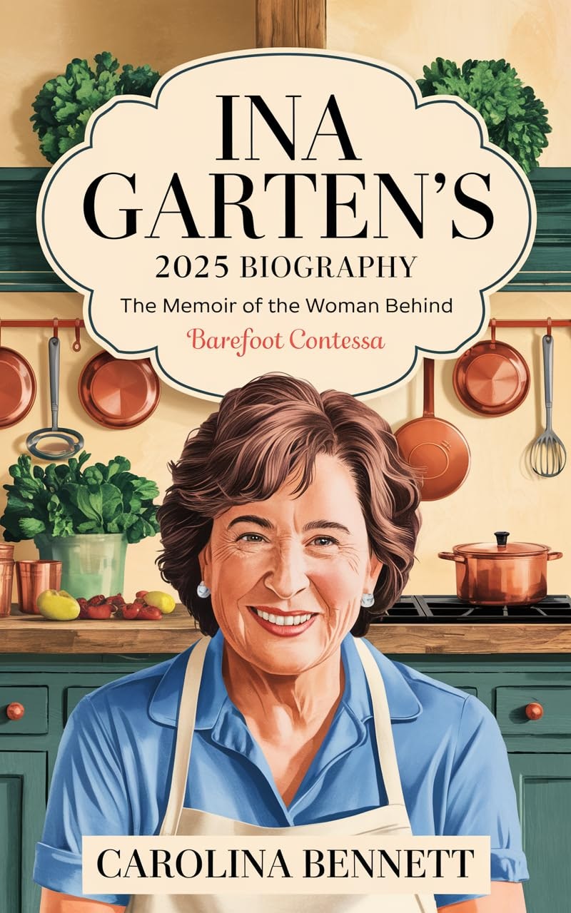 Cover of "Ina Garten's 2025 Biography" by Carolina Bennett, featuring a woman in a kitchen setting.
