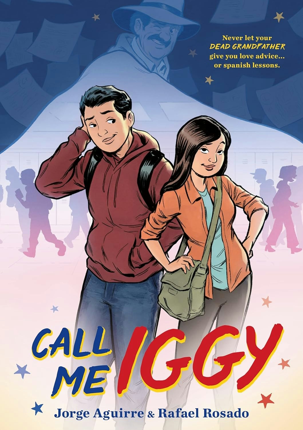 Two cartoon characters, a boy and girl, stand confidently. Text: "Call Me Iggy." Ghostly figure and message about a grandfather.