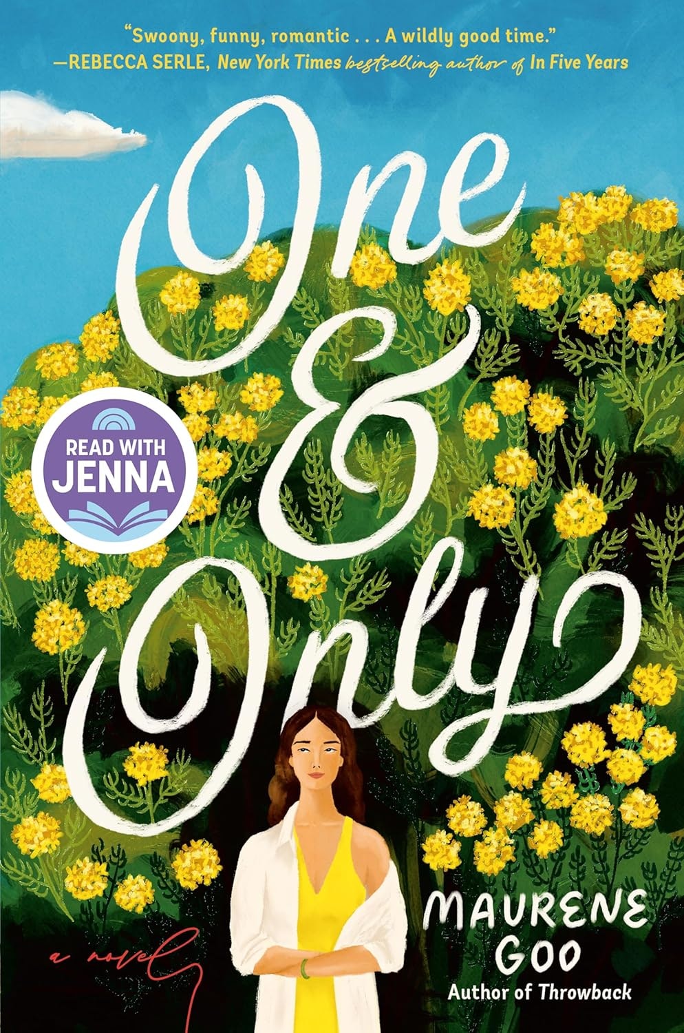 The image features the book cover of "One & Only" by Maurene Goo, showcasing a woman in a yellow dress among flowers.